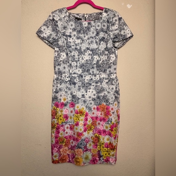 Talbots Gray & Pink Floral Ombré Cap Sleeved Knee Length Sheath Dress 10 - Picture 8 of 12